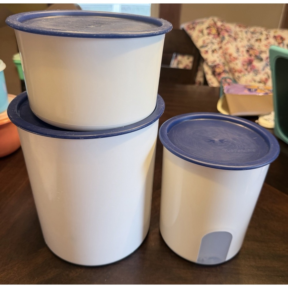 Tupperware Three Canisters With One Touch Blue Lids 24200–1. 27098–1 C. 24168–2